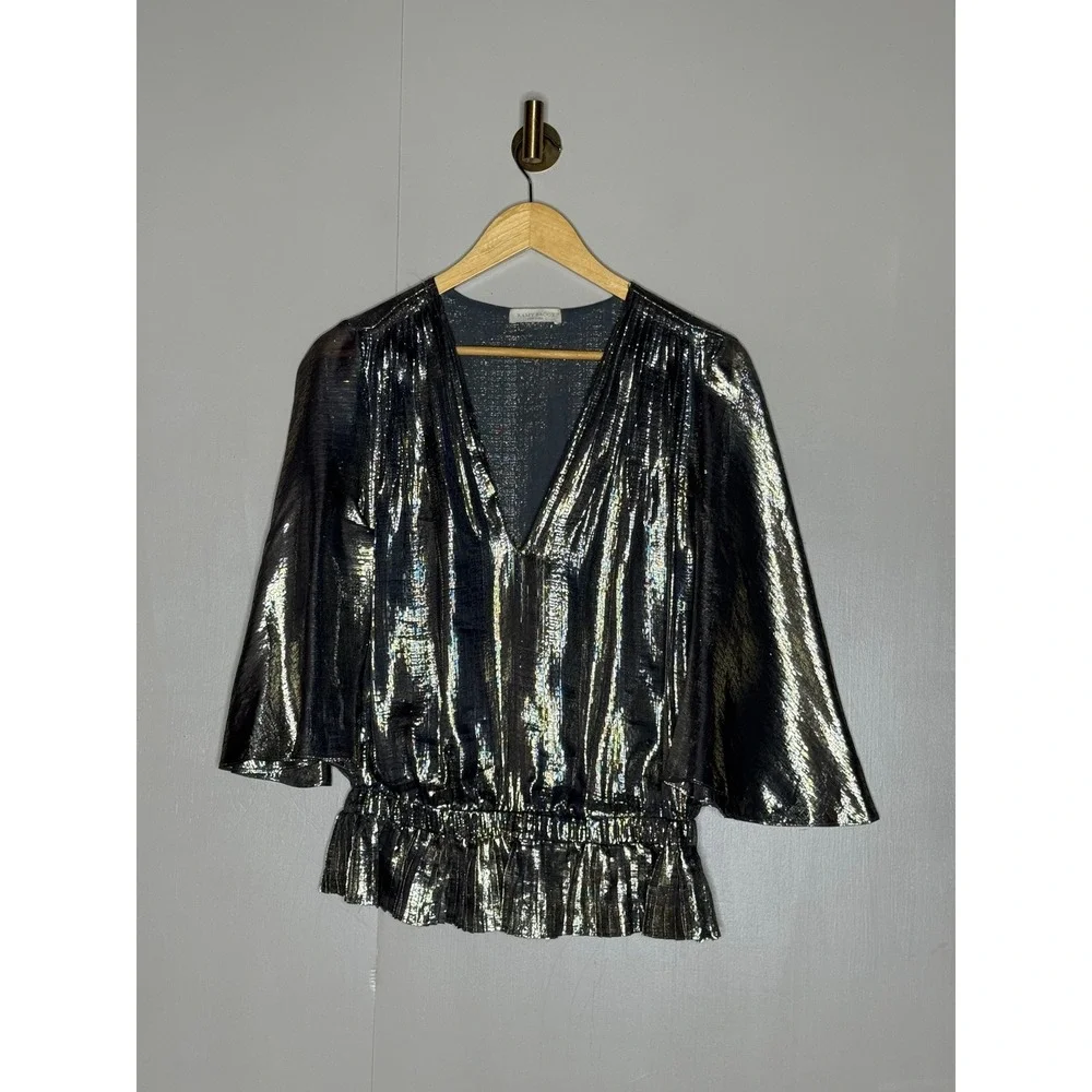Ramy Brook Metallic Silk Flutter Sleeve Peplum Blouse M